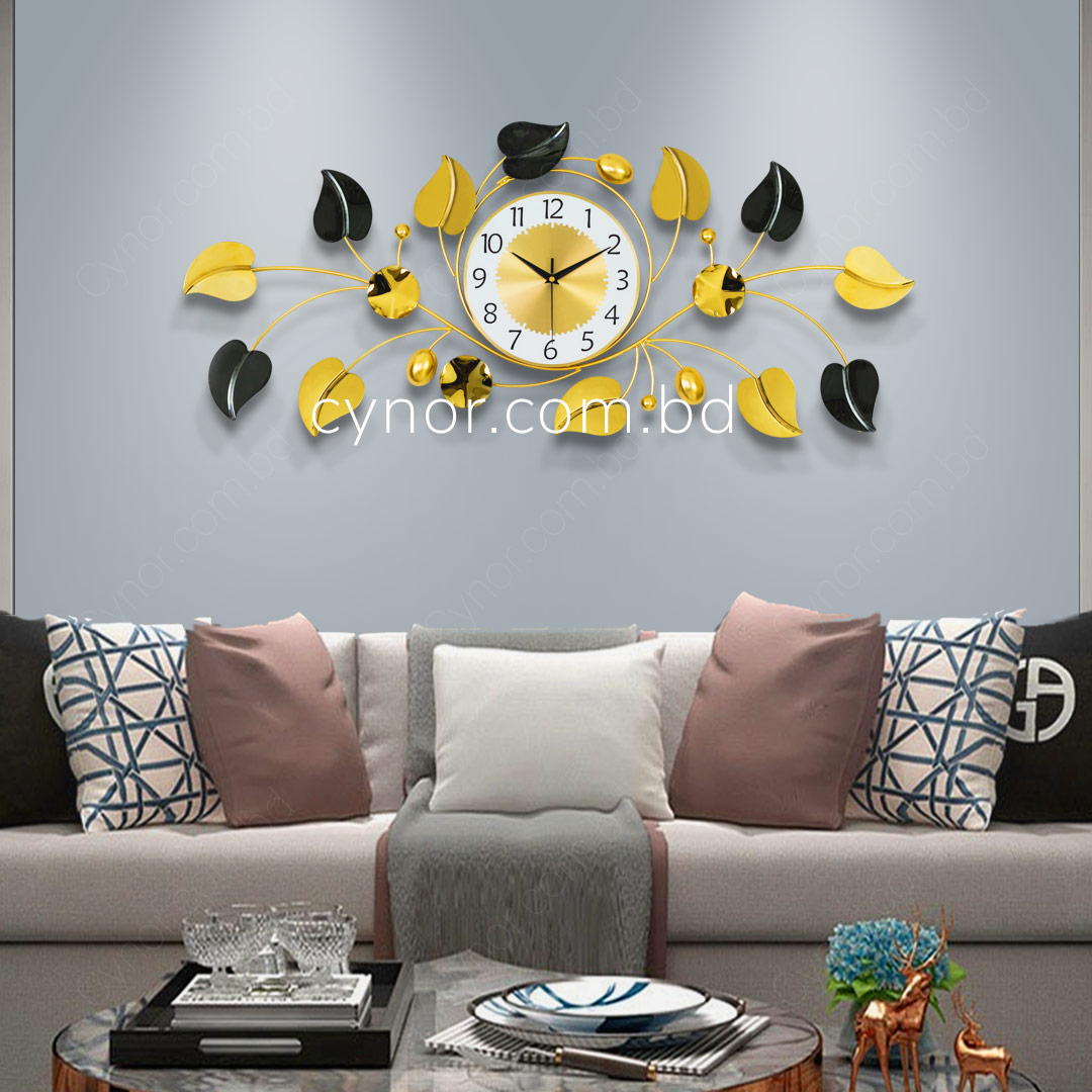 WC694-Decorative Stainless Steel Metal Body Golden and Black Color Leaf Design Wall Clock (1)