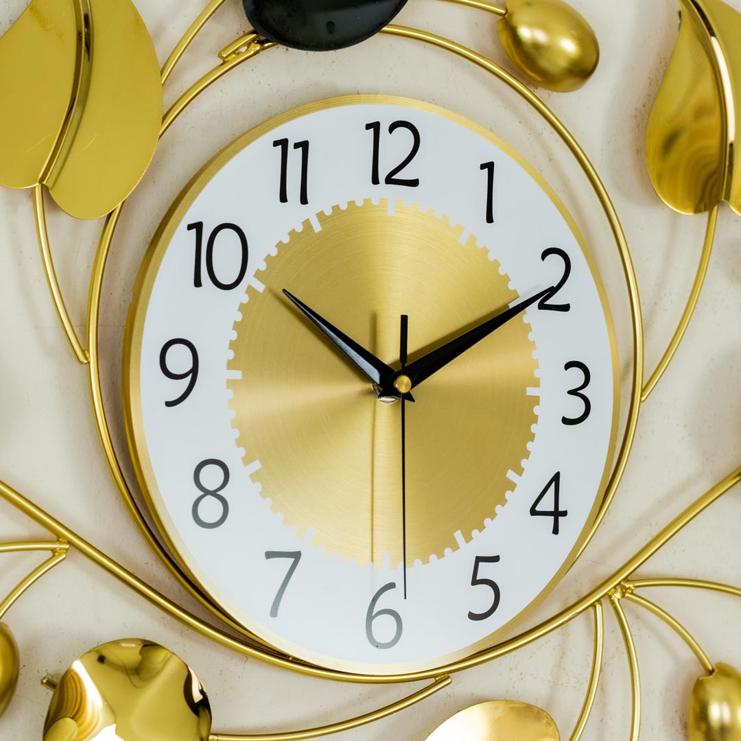 WC694-Decorative Stainless Steel Metal Body Golden and Black Color Leaf Design Wall Clock (11)
