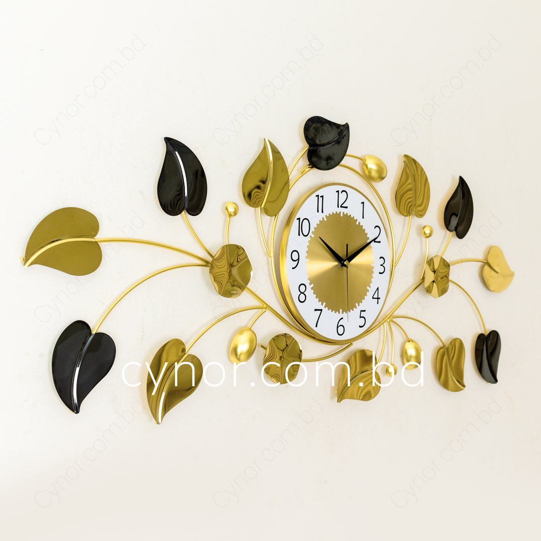 WC694-Decorative Stainless Steel Metal Body Golden and Black Color Leaf Design Wall Clock (12)