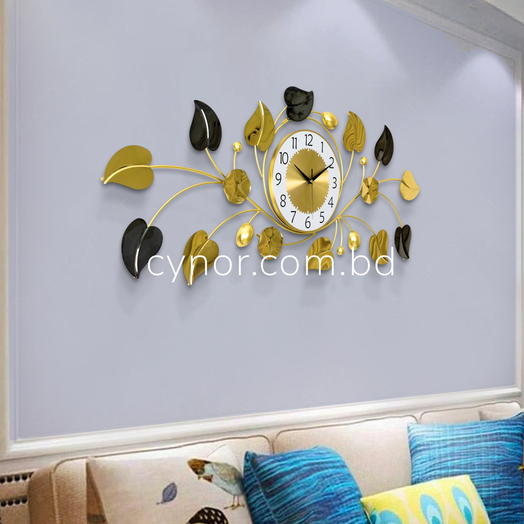WC694-Decorative Stainless Steel Metal Body Golden and Black Color Leaf Design Wall Clock (2)
