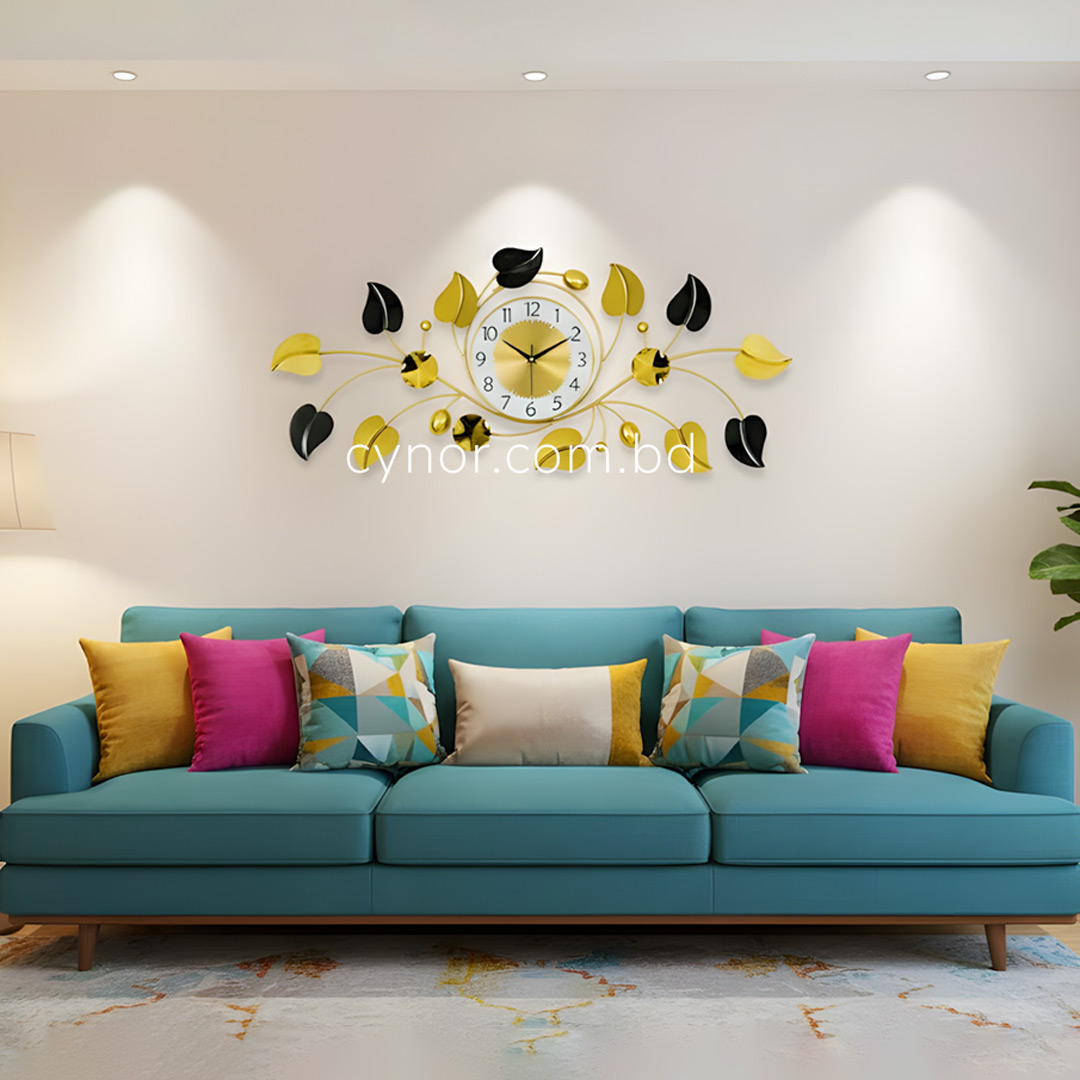 WC694-Decorative Stainless Steel Metal Body Golden and Black Color Leaf Design Wall Clock (3)