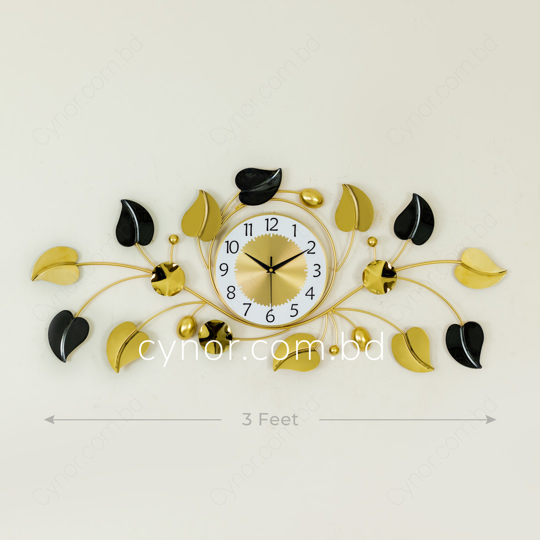 WC694-Decorative Stainless Steel Metal Body Golden and Black Color Leaf Design Wall Clock (4)