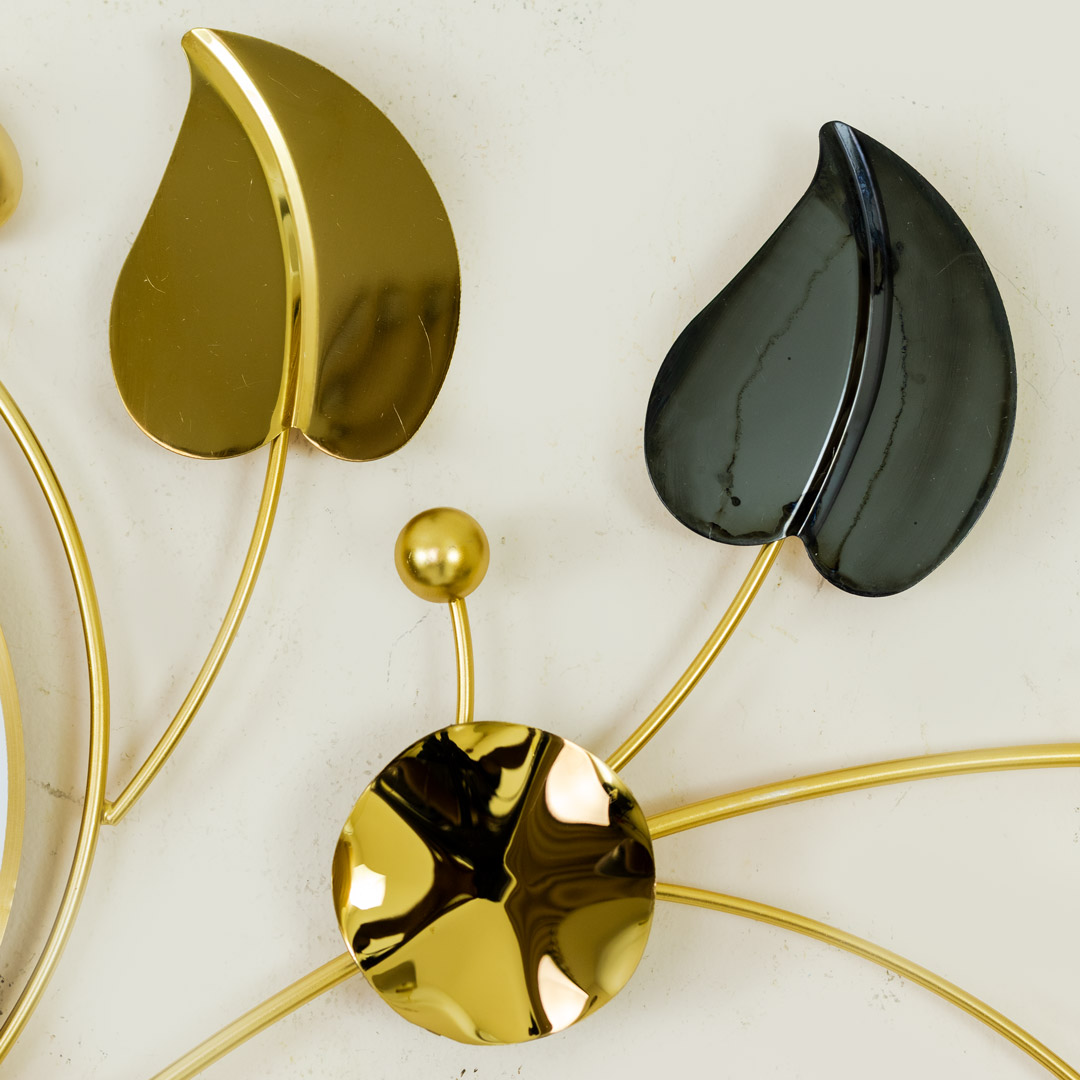 WC694-Decorative Stainless Steel Metal Body Golden and Black Color Leaf Design Wall Clock (6)