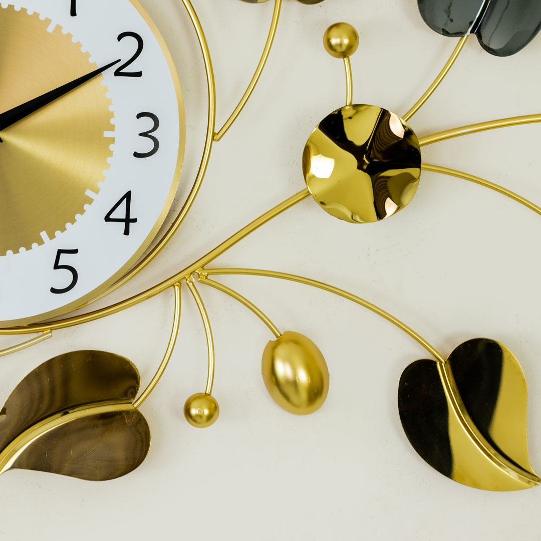 WC694-Decorative Stainless Steel Metal Body Golden and Black Color Leaf Design Wall Clock (9)