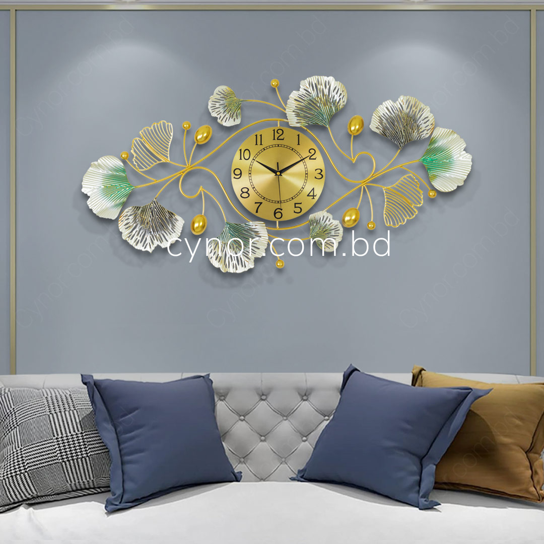 WC698-Decorative Metal Made Body Golden, Green and Silver Color Gingko Leaf Design Wall Clock (1)