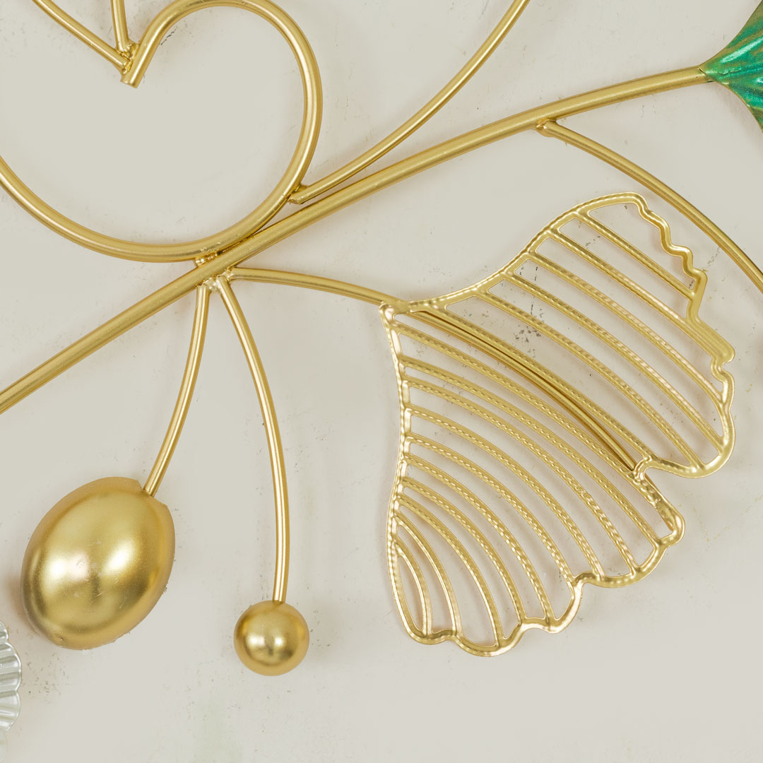 WC698-Decorative Metal Made Body Golden, Green and Silver Color Gingko Leaf Design Wall Clock (10)
