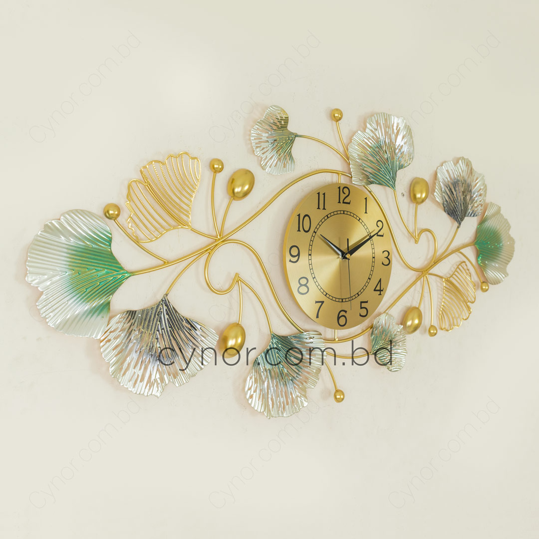 WC698-Decorative Metal Made Body Golden, Green and Silver Color Gingko Leaf Design Wall Clock (13)