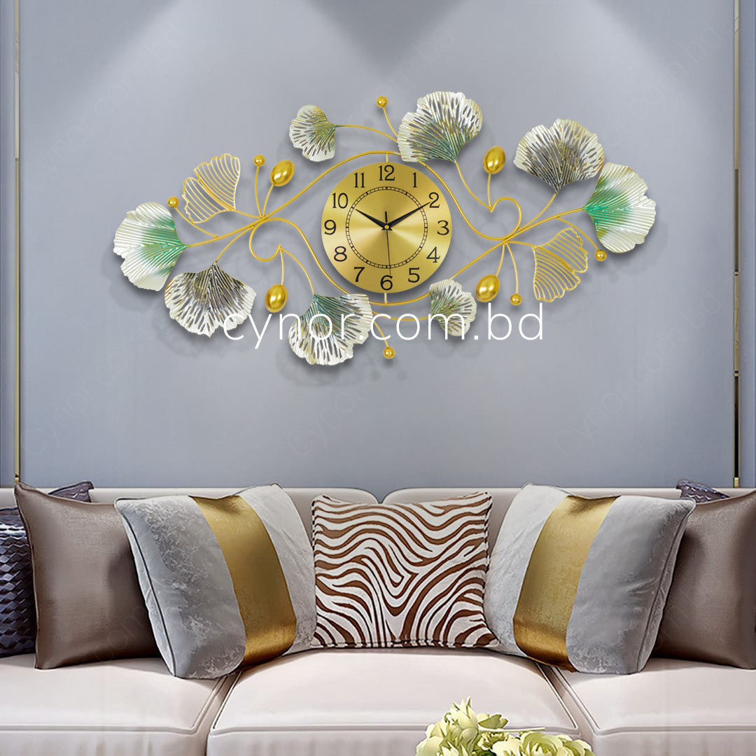 WC698-Decorative Metal Made Body Golden, Green and Silver Color Gingko Leaf Design Wall Clock (2)