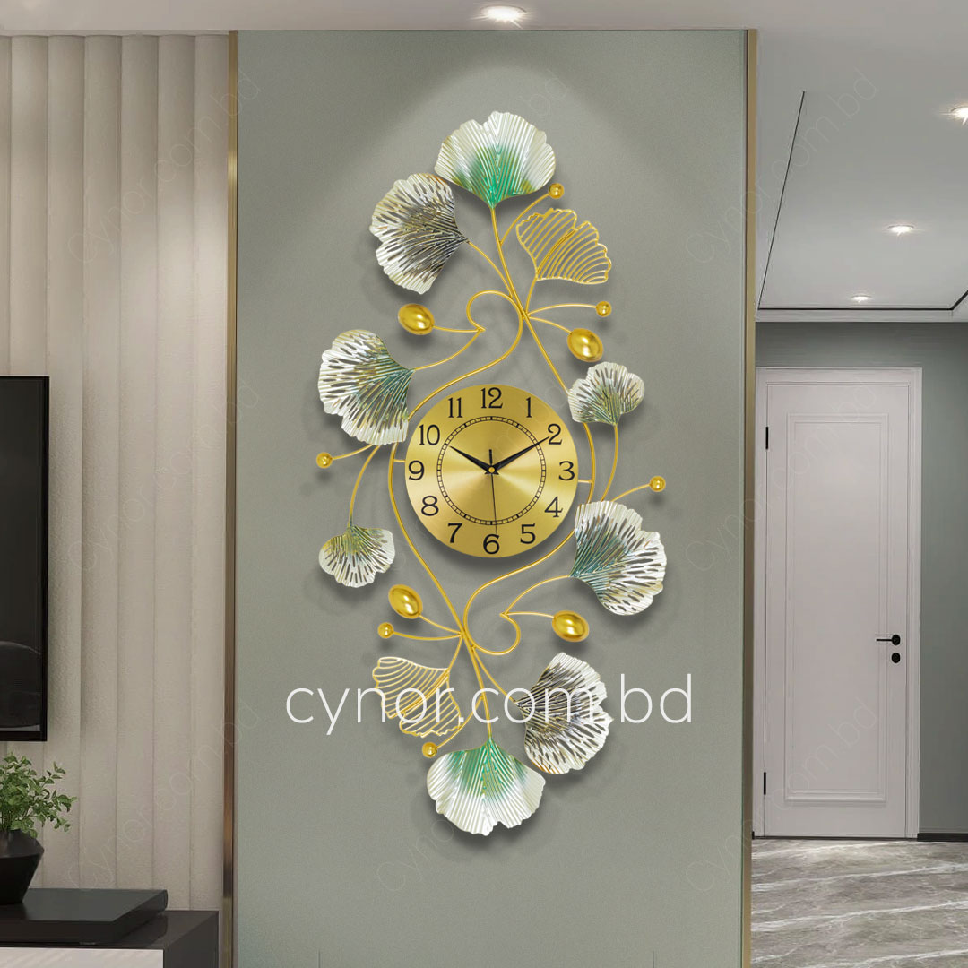 WC698-Decorative Metal Made Body Golden, Green and Silver Color Gingko Leaf Design Wall Clock (3)
