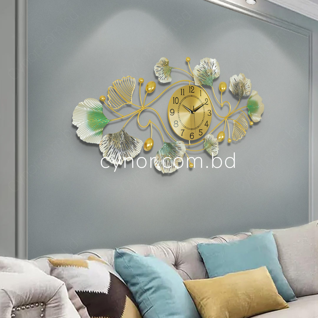 WC698-Decorative Metal Made Body Golden, Green and Silver Color Gingko Leaf Design Wall Clock (4)