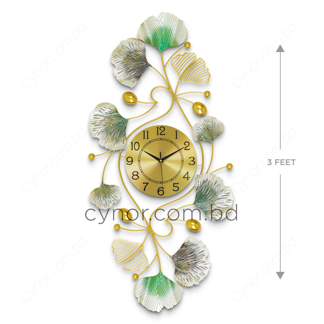 WC698-Decorative Metal Made Body Golden, Green and Silver Color Gingko Leaf Design Wall Clock (5)