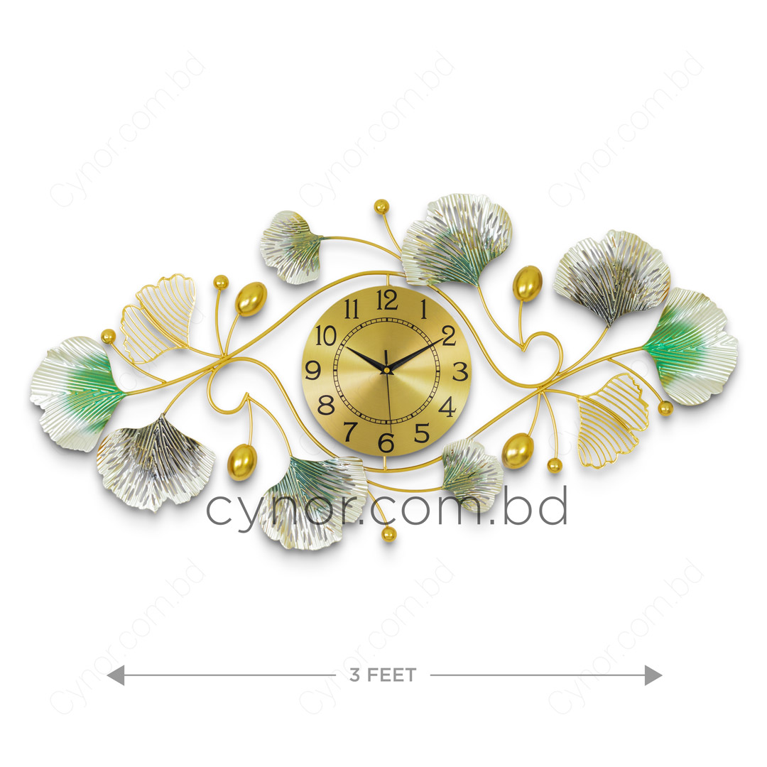 WC698-Decorative Metal Made Body Golden, Green and Silver Color Gingko Leaf Design Wall Clock (6)