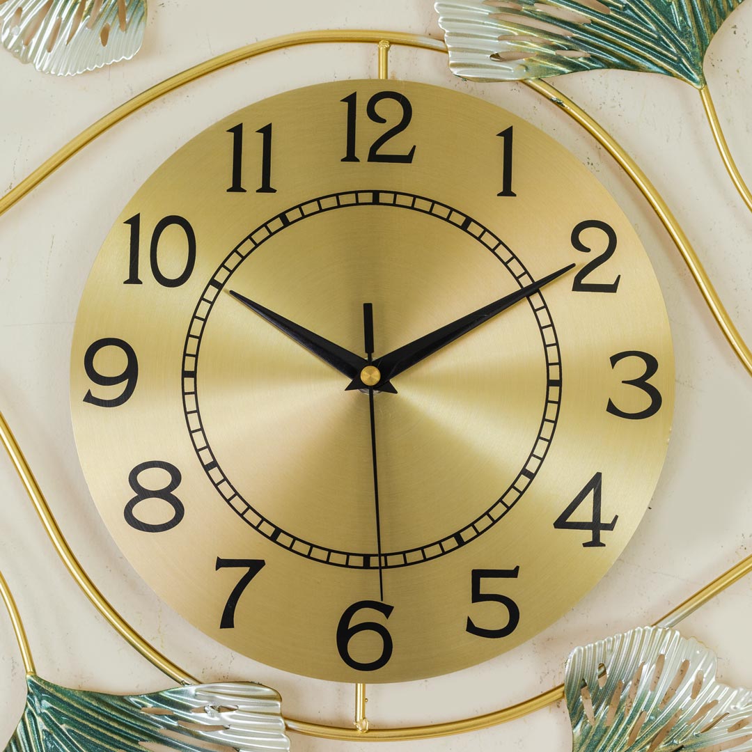 WC698-Decorative Metal Made Body Golden, Green and Silver Color Gingko Leaf Design Wall Clock (7)
