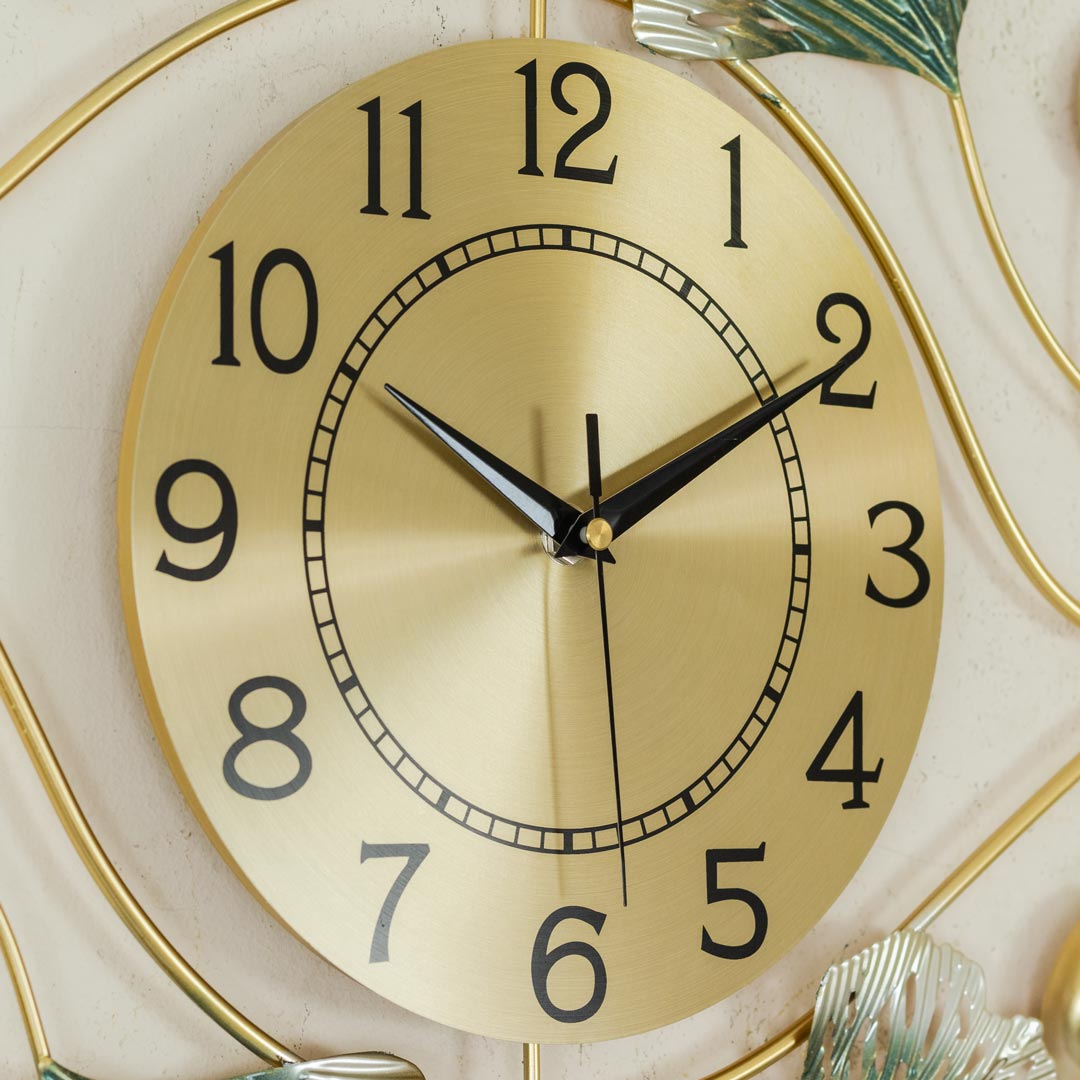 WC698-Decorative Metal Made Body Golden, Green and Silver Color Gingko Leaf Design Wall Clock (8)