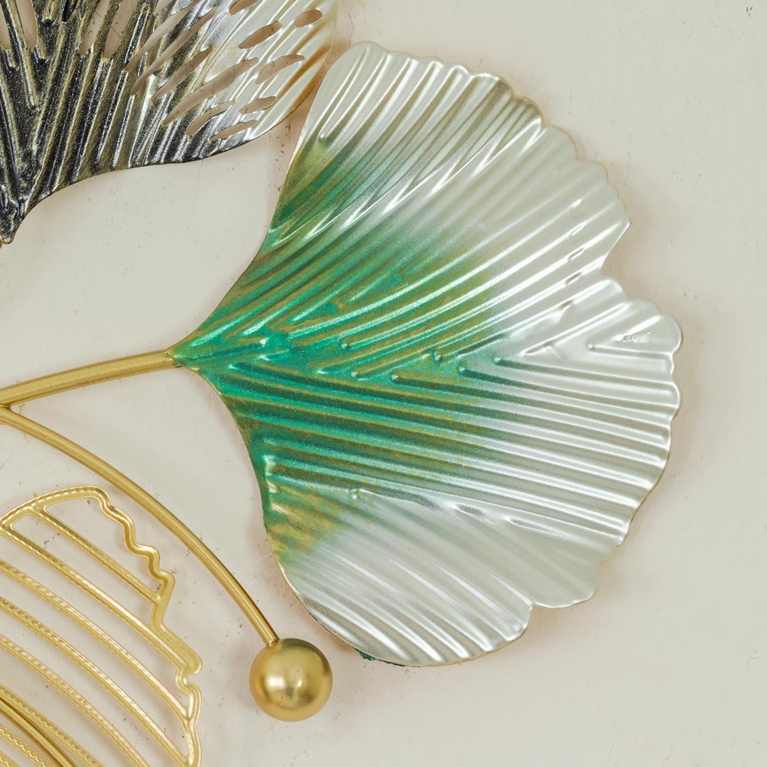 WC698-Decorative Metal Made Body Golden, Green and Silver Color Gingko Leaf Design Wall Clock (9)