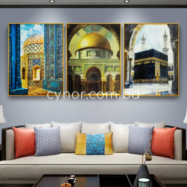 Shahi-Zinda Mausoleum, Dome of Rock, Kaaba Art Wall Frame Decor Set with Resin Stone Design and Aluminium Frame