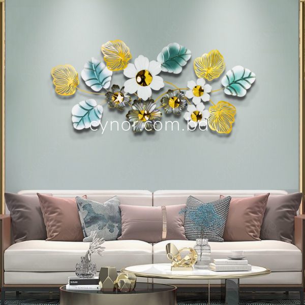 Metal with Stainless Steel Aquatic Leaf Design Wall Decor in Green, Golden, Black and White Color