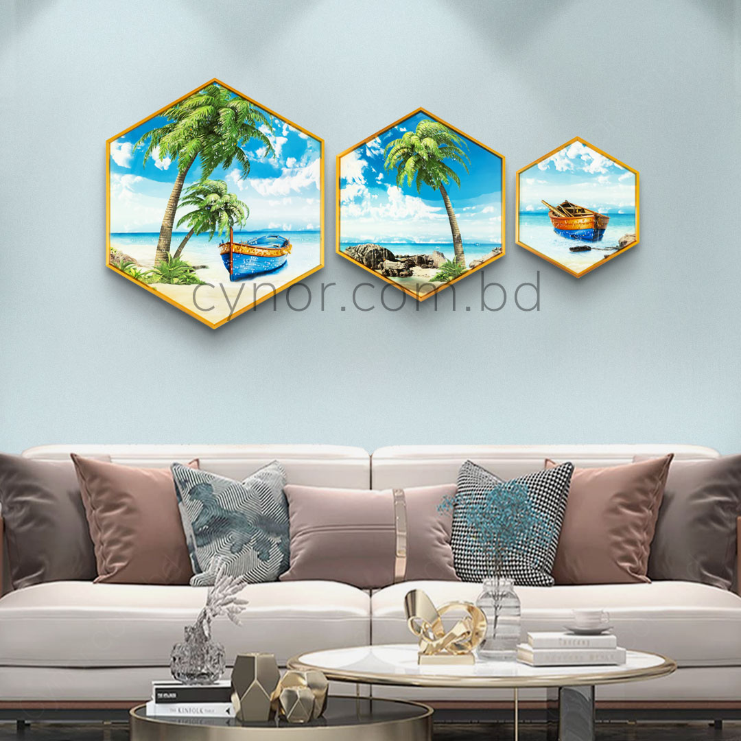 WR673-1-Tropical Nature Scenery Wall Frame Decor Set with Resin Stone Design and Aluminium Frame (1)