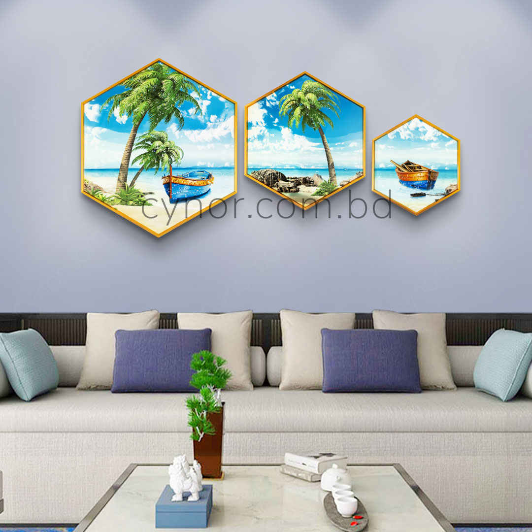 WR673-1-Tropical Nature Scenery Wall Frame Decor Set with Resin Stone Design and Aluminium Frame (2)