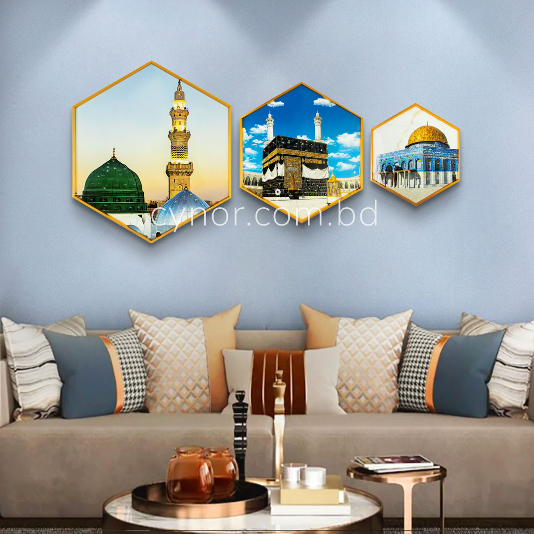 WR673-2-Kaaba, Masjid an-Nabawi, Dome of the Rock Wall Frame Decor Set with Resin Stone Design and Aluminium Frame (1)