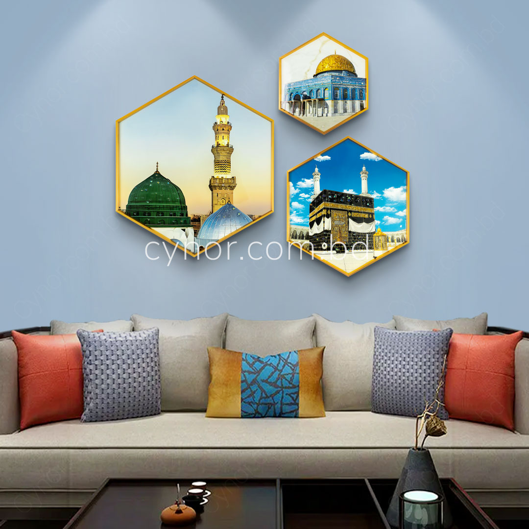 WR673-2-Kaaba, Masjid an-Nabawi, Dome of the Rock Wall Frame Decor Set with Resin Stone Design and Aluminium Frame (2)