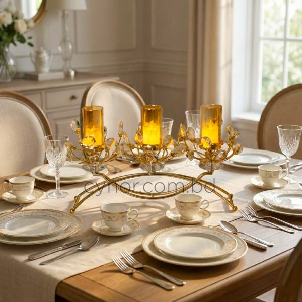 Golden Color Metal Body 3 Branch Candle Holder with Crystal Design