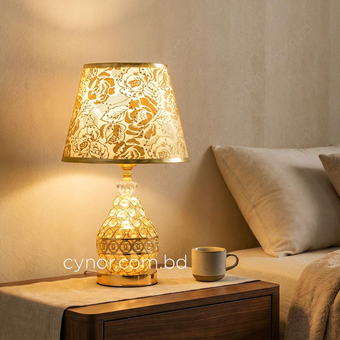 TL368-Golden Color Metal Body Table Lamp with Crystal Design and Rose Pattern Texture Plastic Shade (1)