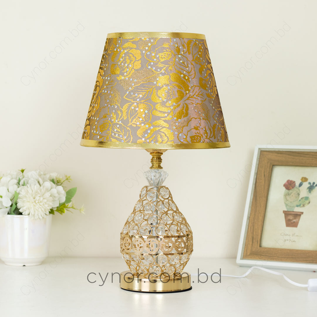 TL368-Golden Color Metal Body Table Lamp with Crystal Design and Rose Pattern Texture Plastic Shade (2)