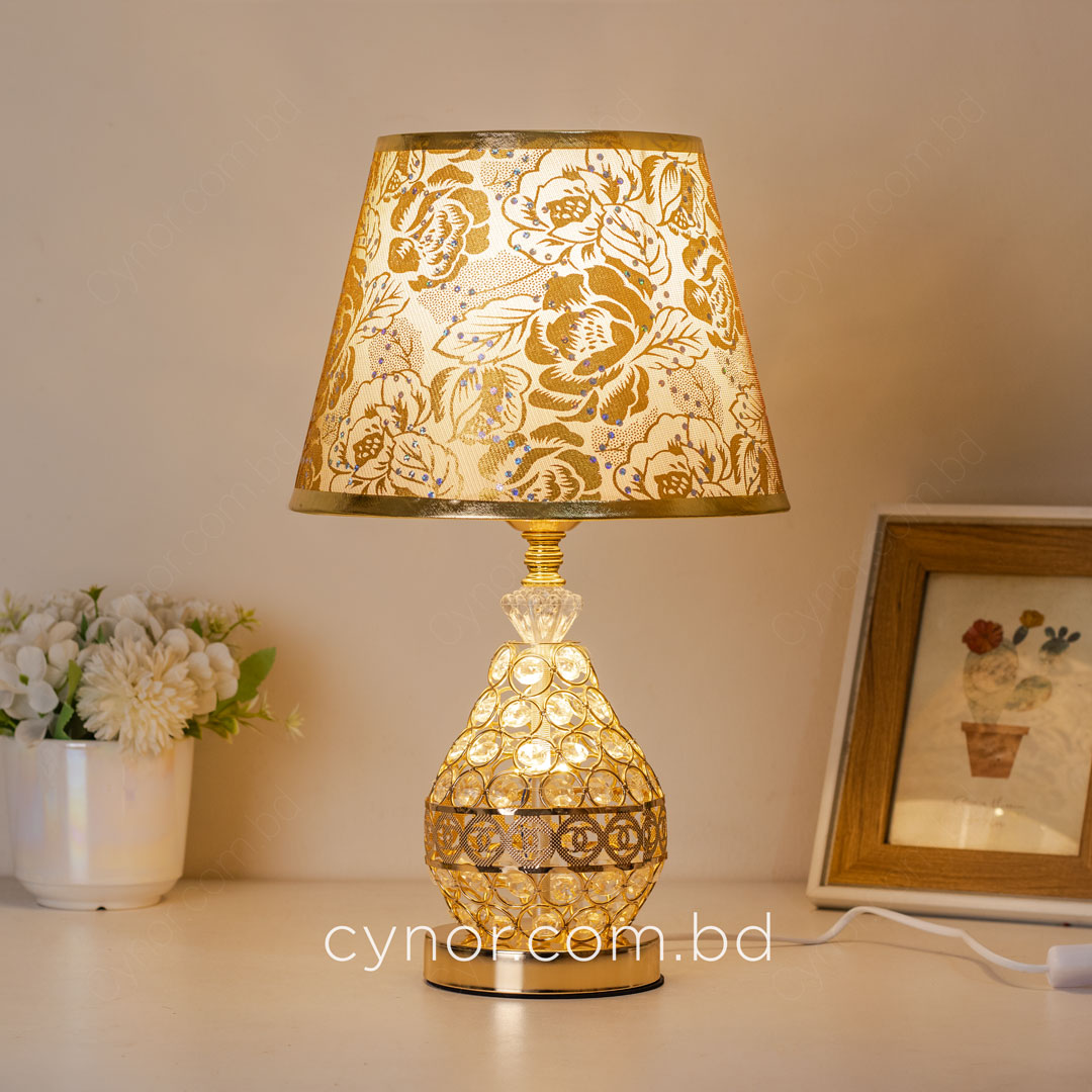 TL368-Golden Color Metal Body Table Lamp with Crystal Design and Rose Pattern Texture Plastic Shade (3)