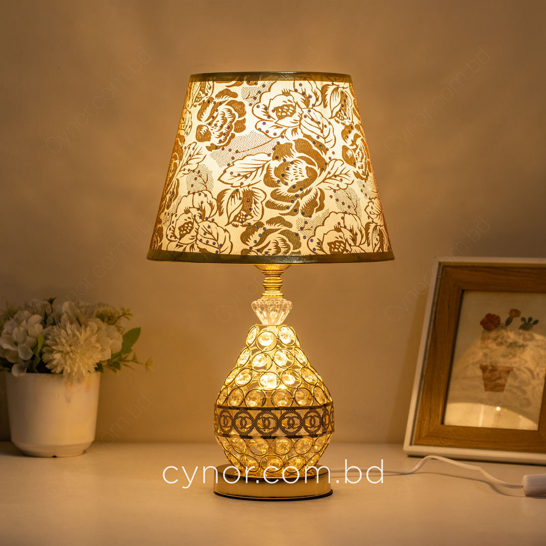 TL368-Golden Color Metal Body Table Lamp with Crystal Design and Rose Pattern Texture Plastic Shade (4)