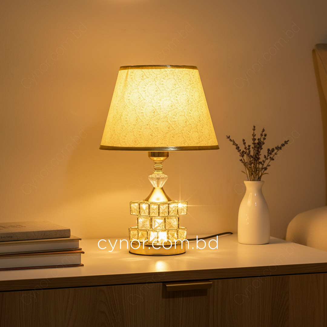 TL369-Golden Color Metal Body Table Lamp with Crystal Stone Design and Ornamental Pattern Texture Plastic Shade (1)