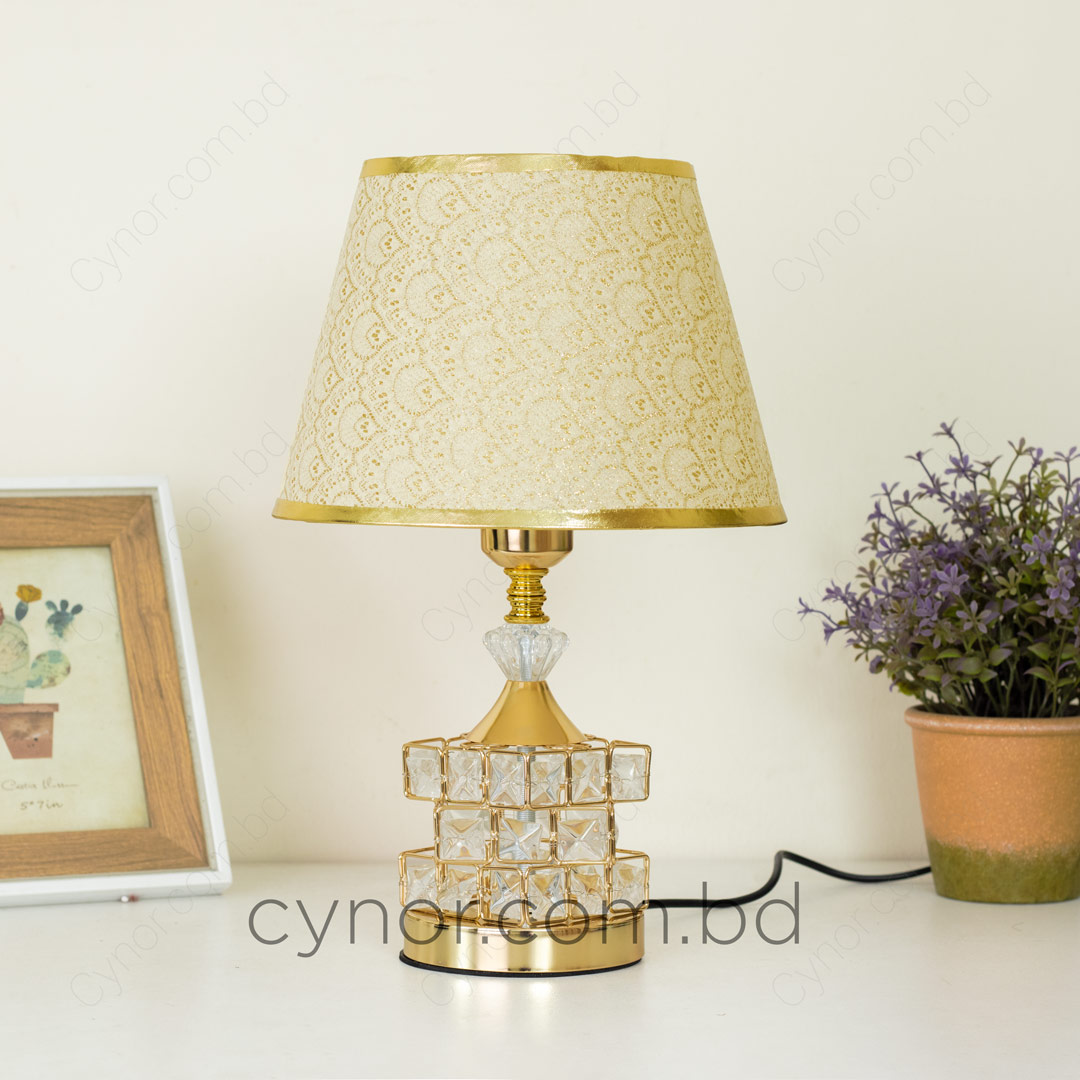 TL369-Golden Color Metal Body Table Lamp with Crystal Stone Design and Ornamental Pattern Texture Plastic Shade (2)