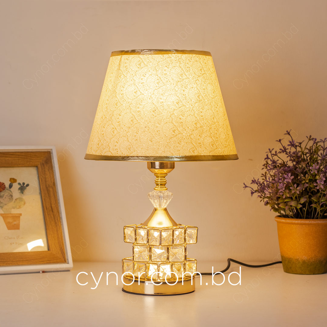 TL369-Golden Color Metal Body Table Lamp with Crystal Stone Design and Ornamental Pattern Texture Plastic Shade (3)
