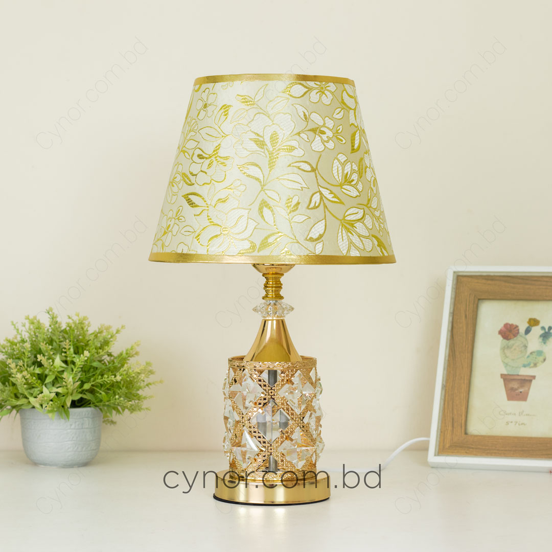 TL370-Golden Color Metal Body Table Lamp with Crystal Stone Design and Floral Pattern Texture Plastic Shade (2)