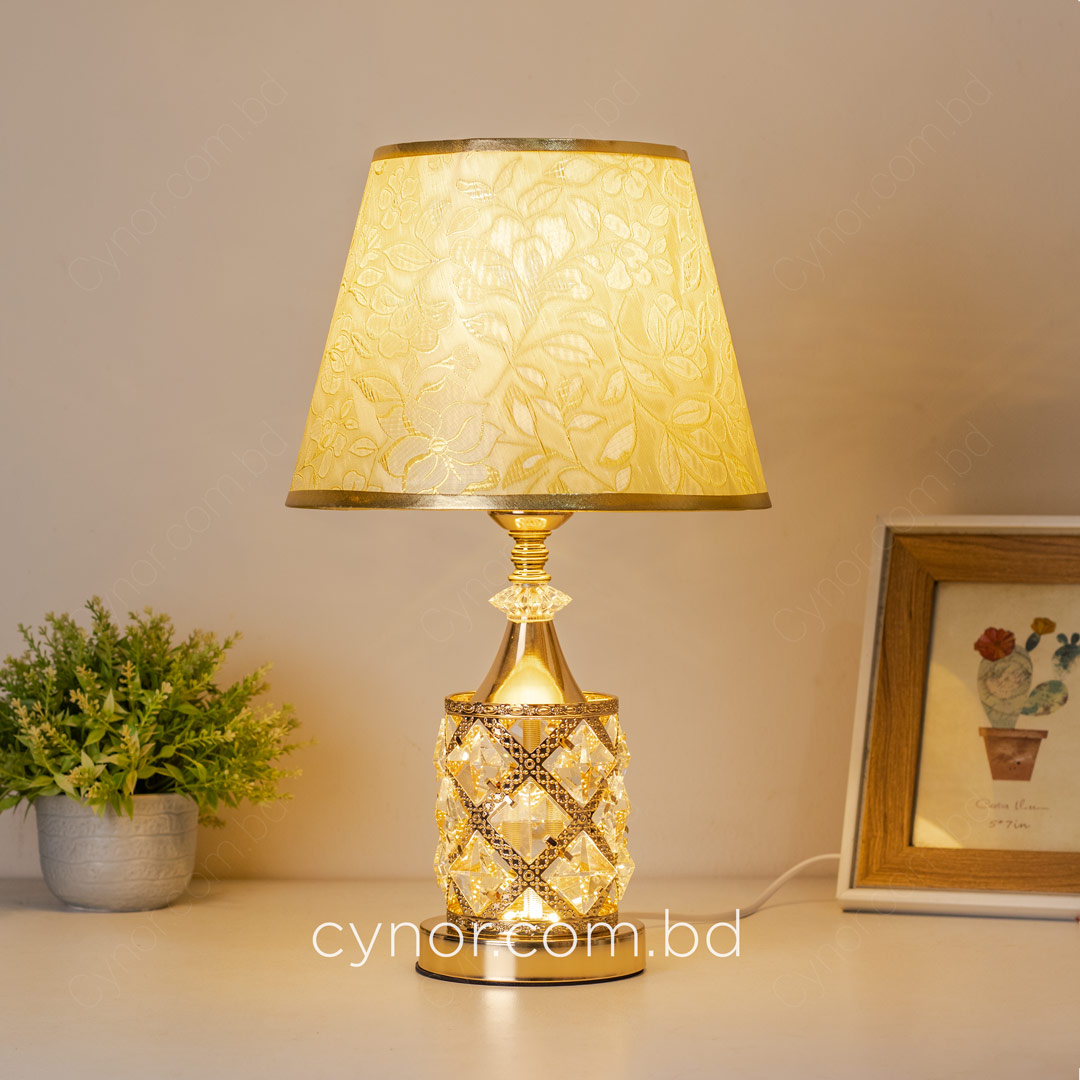 TL370-Golden Color Metal Body Table Lamp with Crystal Stone Design and Floral Pattern Texture Plastic Shade (3)