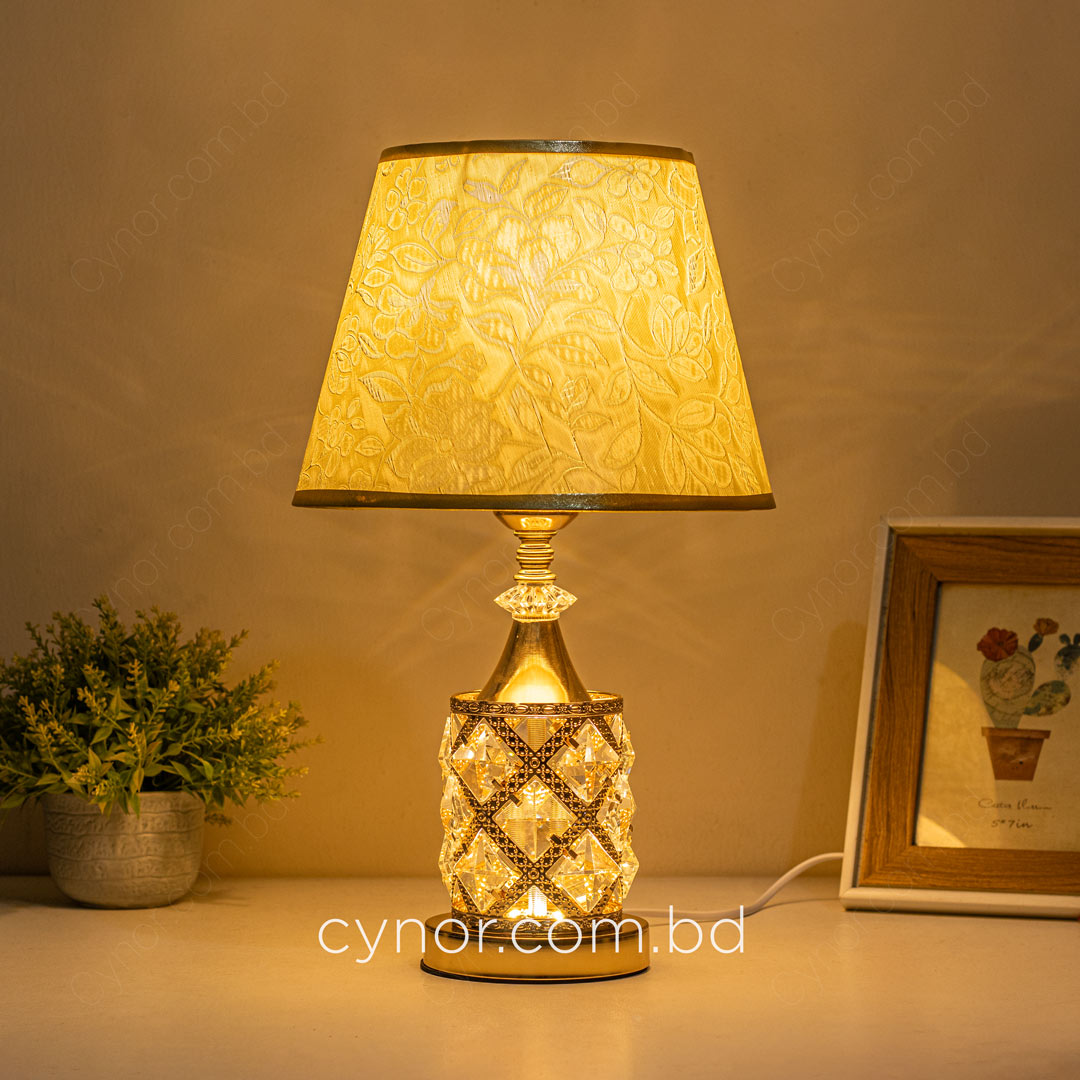 TL370-Golden Color Metal Body Table Lamp with Crystal Stone Design and Floral Pattern Texture Plastic Shade (4)