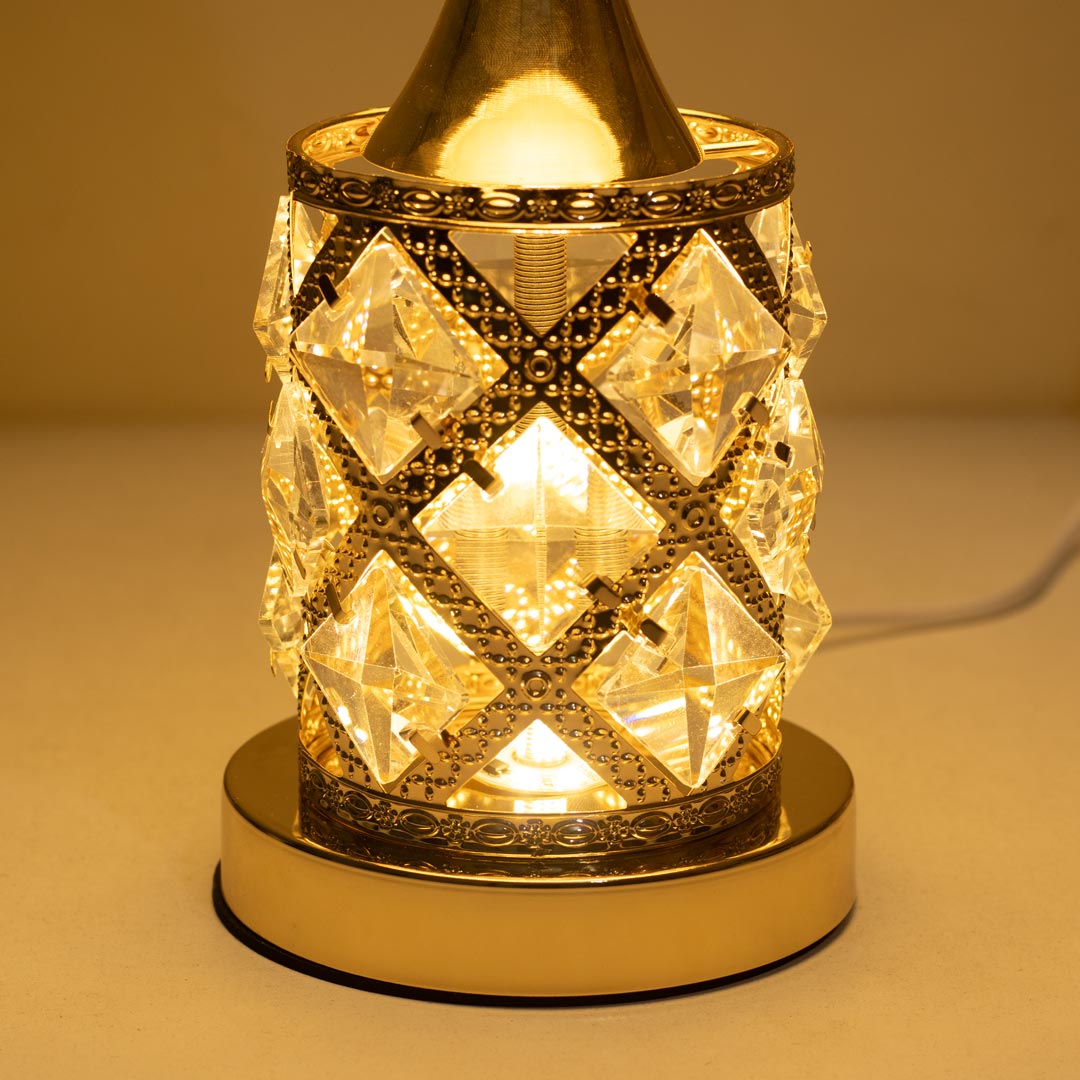 TL370-Golden Color Metal Body Table Lamp with Crystal Stone Design and Floral Pattern Texture Plastic Shade (5)