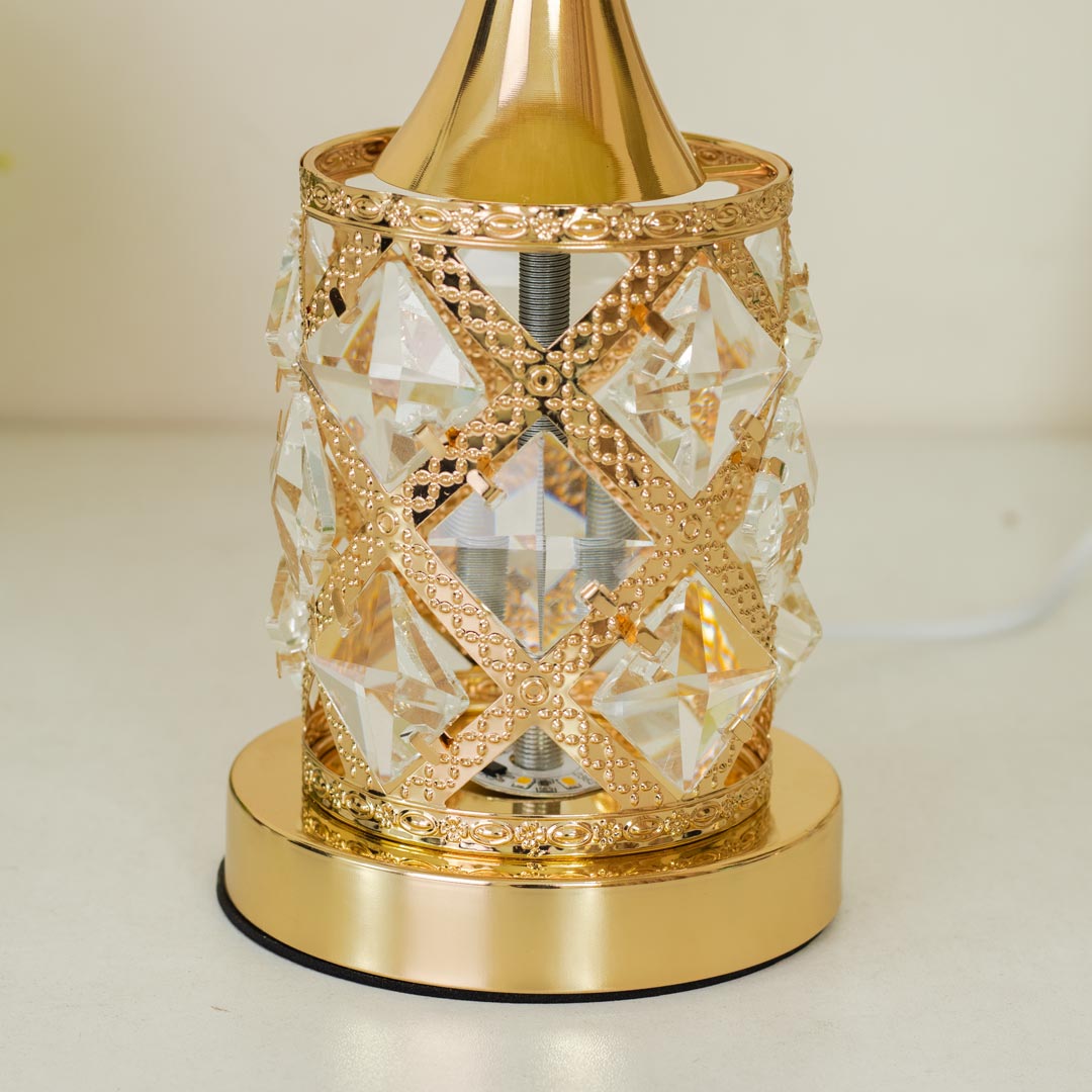 TL370-Golden Color Metal Body Table Lamp with Crystal Stone Design and Floral Pattern Texture Plastic Shade (6)