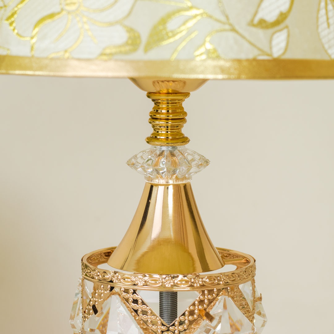 TL370-Golden Color Metal Body Table Lamp with Crystal Stone Design and Floral Pattern Texture Plastic Shade (7)
