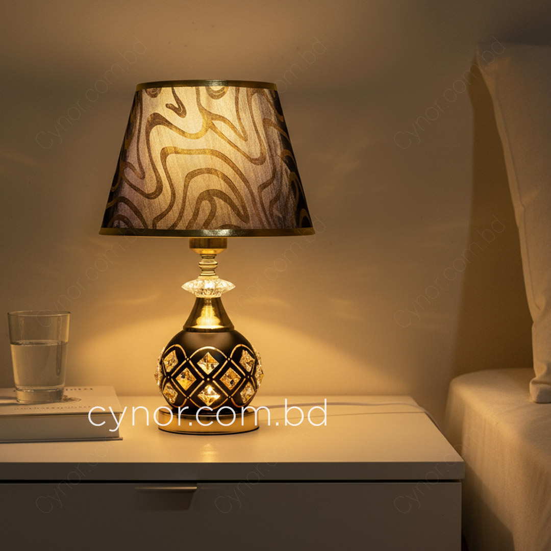 TL371-Black and Golden Color Metal Body Table Lamp with Crystal Stone Design and Wavy Pattern Texture Plastic Shade (1)