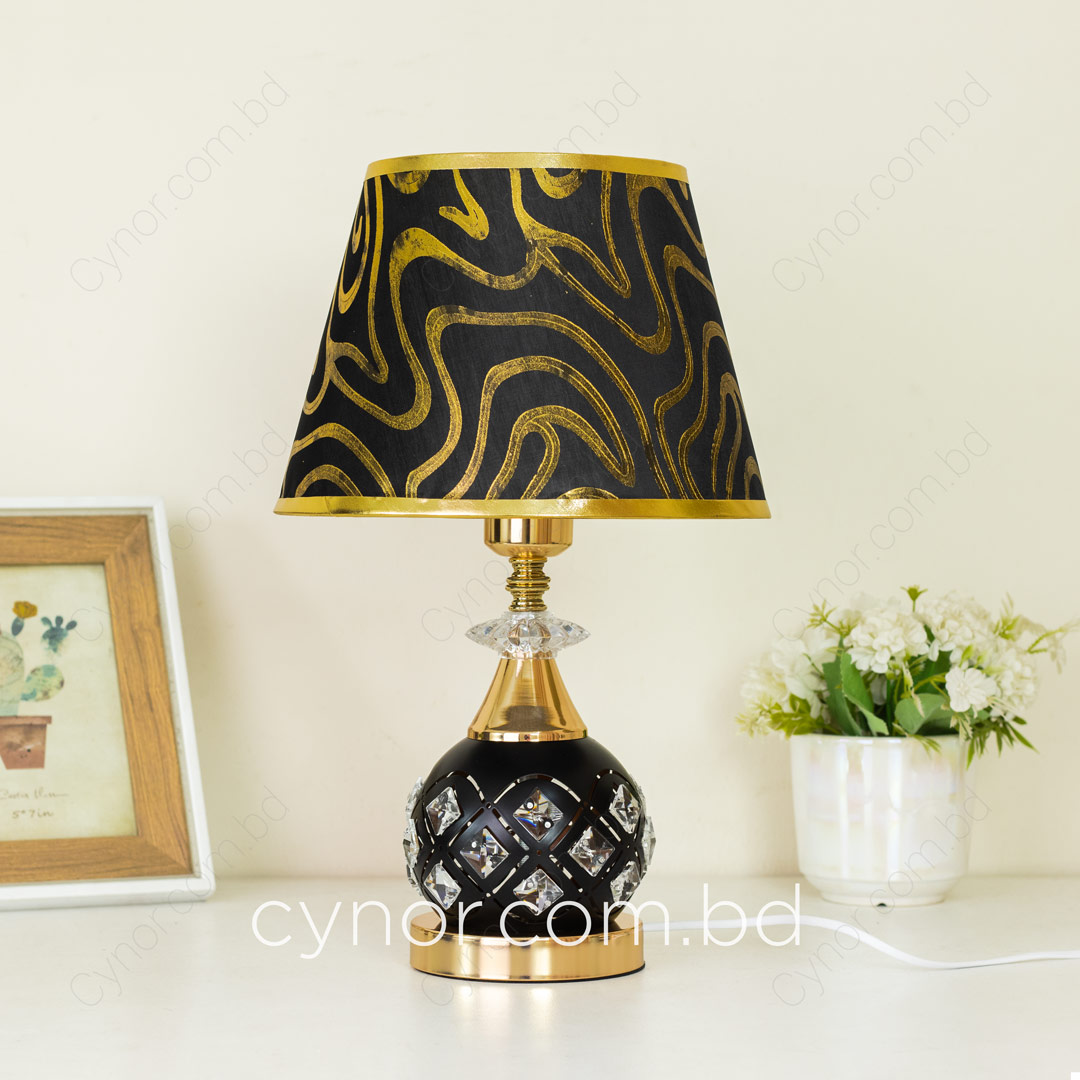 TL371-Black and Golden Color Metal Body Table Lamp with Crystal Stone Design and Wavy Pattern Texture Plastic Shade (2)