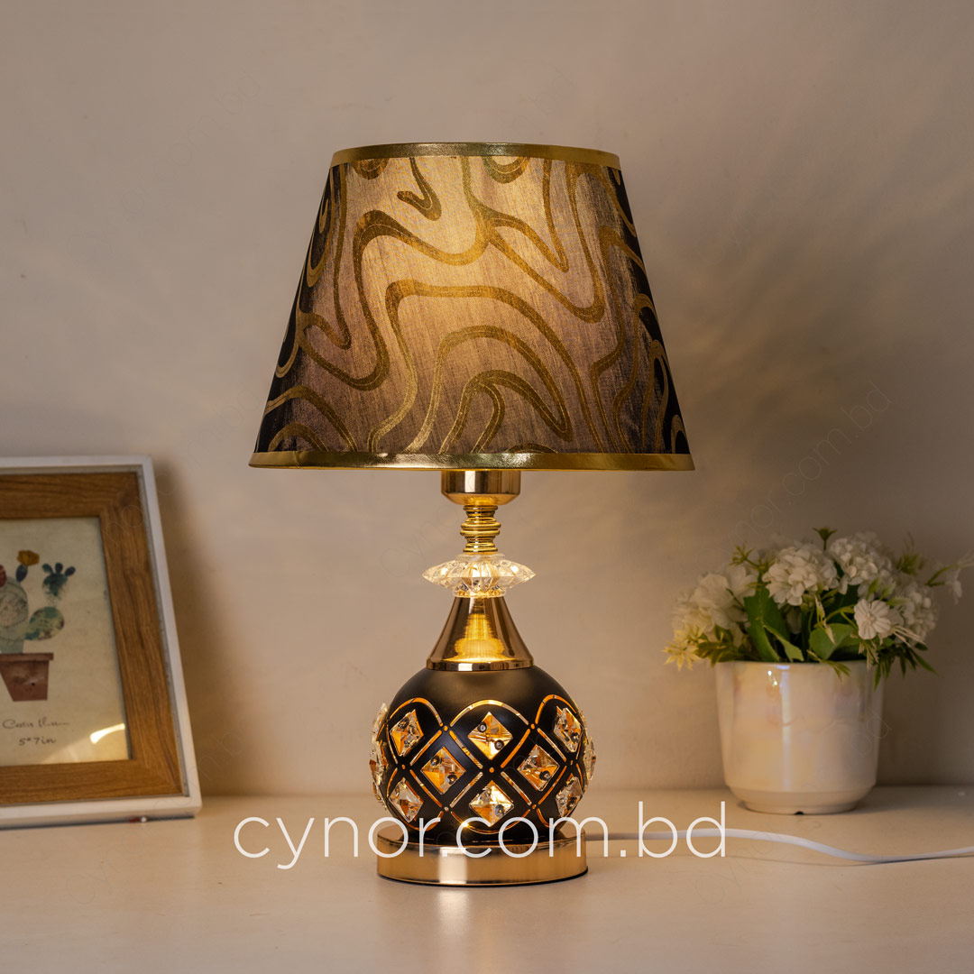 TL371-Black and Golden Color Metal Body Table Lamp with Crystal Stone Design and Wavy Pattern Texture Plastic Shade (3)