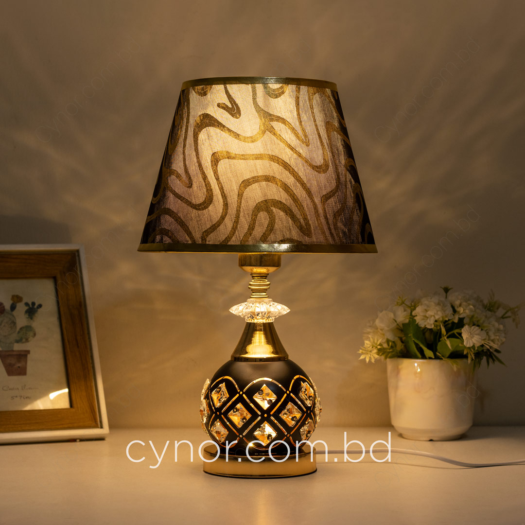 TL371-Black and Golden Color Metal Body Table Lamp with Crystal Stone Design and Wavy Pattern Texture Plastic Shade (4)