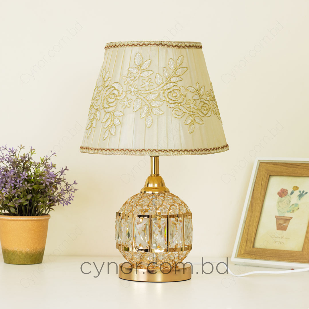 TL372-Golden Color Metal Body Table Lamp with Crystal Stone Design and Rose Pattern Texture Fabric Shade (2)