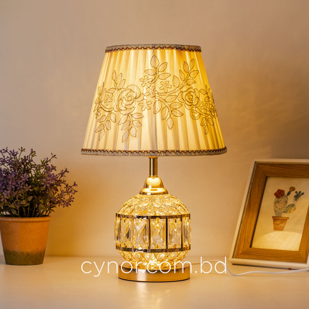 TL372-Golden Color Metal Body Table Lamp with Crystal Stone Design and Rose Pattern Texture Fabric Shade (3)