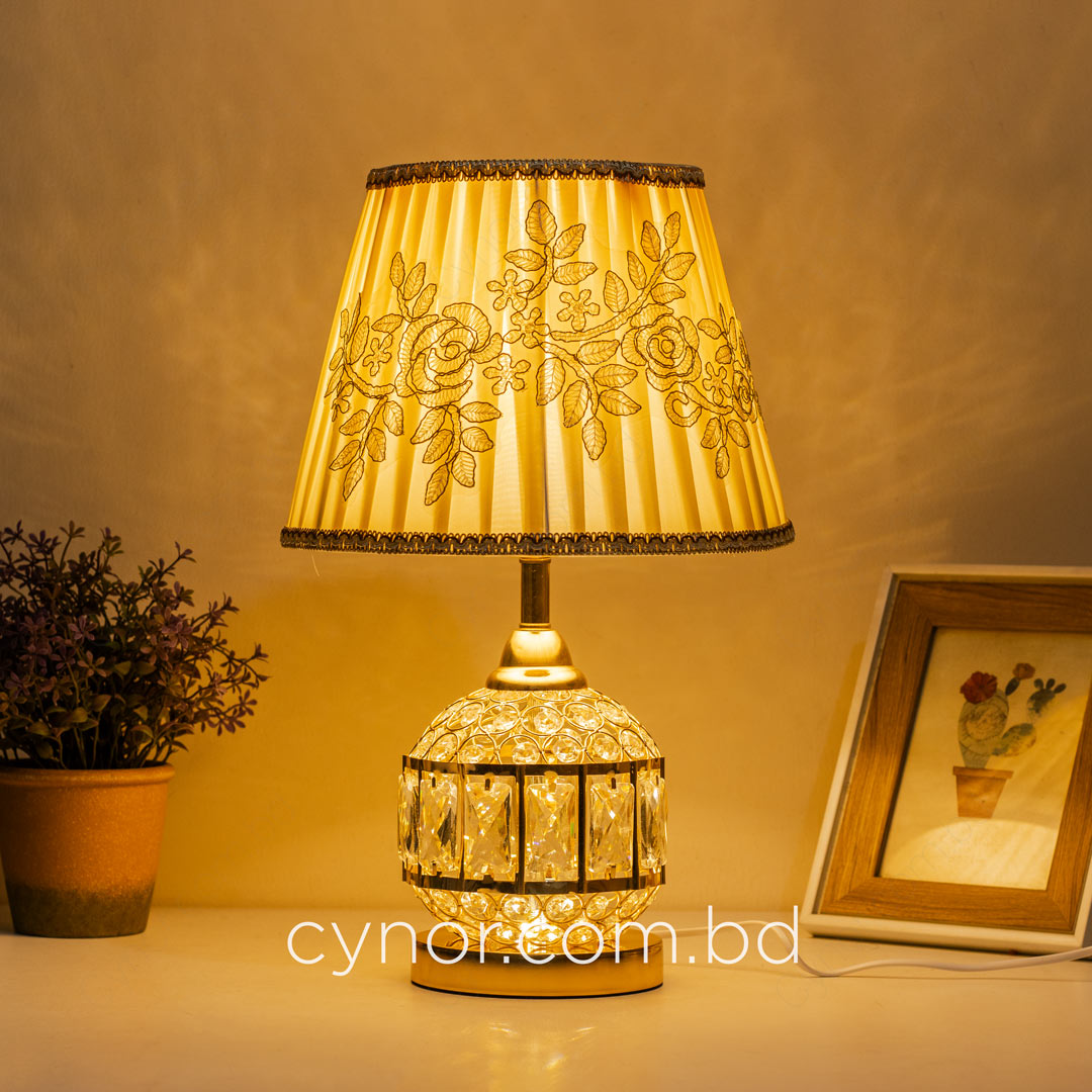 TL372-Golden Color Metal Body Table Lamp with Crystal Stone Design and Rose Pattern Texture Fabric Shade (4)