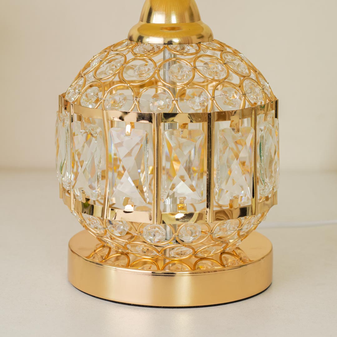 TL372-Golden Color Metal Body Table Lamp with Crystal Stone Design and Rose Pattern Texture Fabric Shade (6)