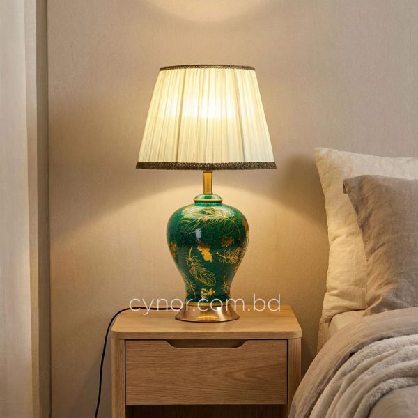 Green and Golden Color Ceramic Body Lamp with Metal Base and Fabric Shade