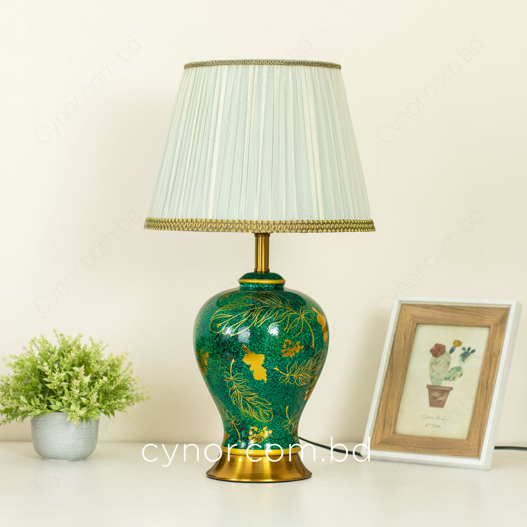 TL374-Green and Golden Color Ceramic Body Lamp with Metal Base and Fabric Shade (2)