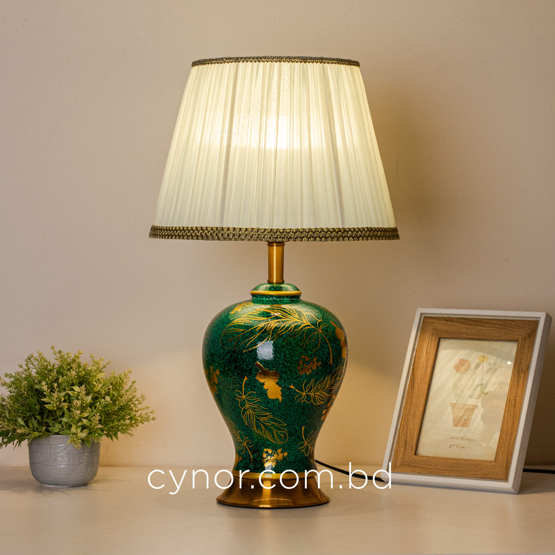 TL374-Green and Golden Color Ceramic Body Lamp with Metal Base and Fabric Shade (3)